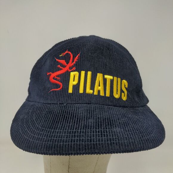 Pilatus Men's Strapback Hat Blue Corduroy Adjustable Embroidered Dragon Logo - Picture 2 of 10